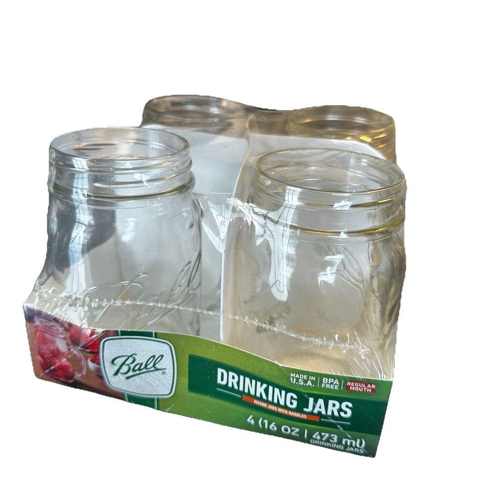 NEW 4-Pack Ball Drinking Mason Jars With Handles Set Clear Mugs 16 oz